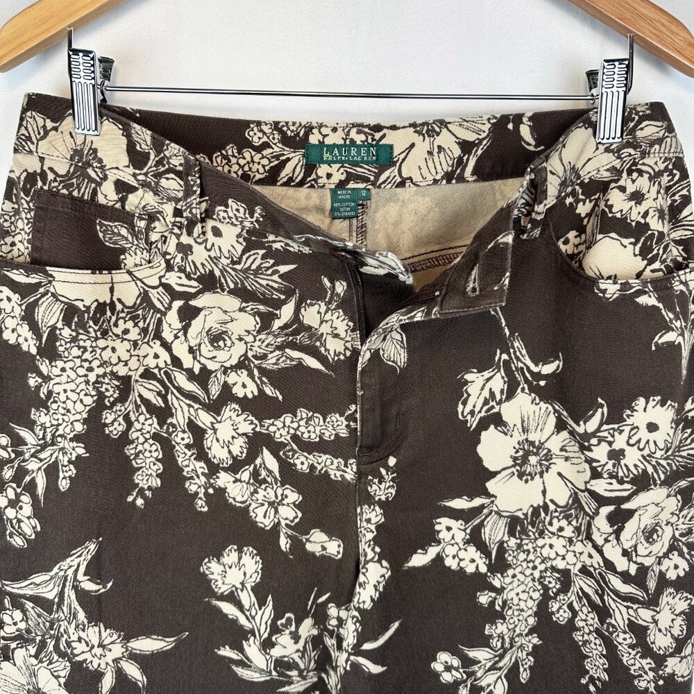 Lauren Ralph Lauren Stretch Denim Pants Straight Leg Brown Floral Size 12